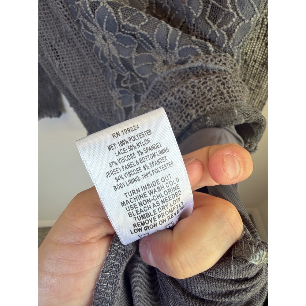 Indigo Soul Gray Lace Tunic Blouse Womens Medium Sheer Sleeve Boho Peasant - Picture 6 of 7